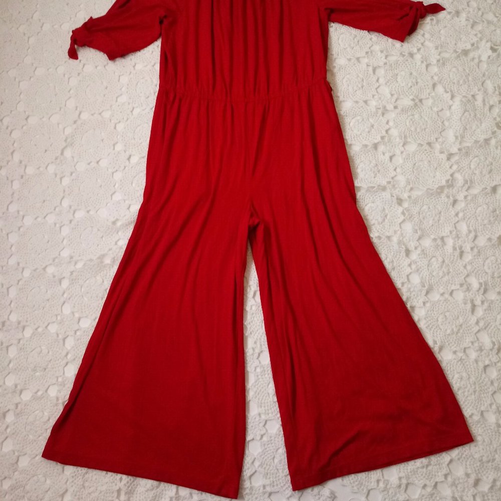Ralph Lauren Jumpsuit Red Knit Off Shoulder Tie Short Sleeve Wide Leg XL Women - Picture 2 of 9